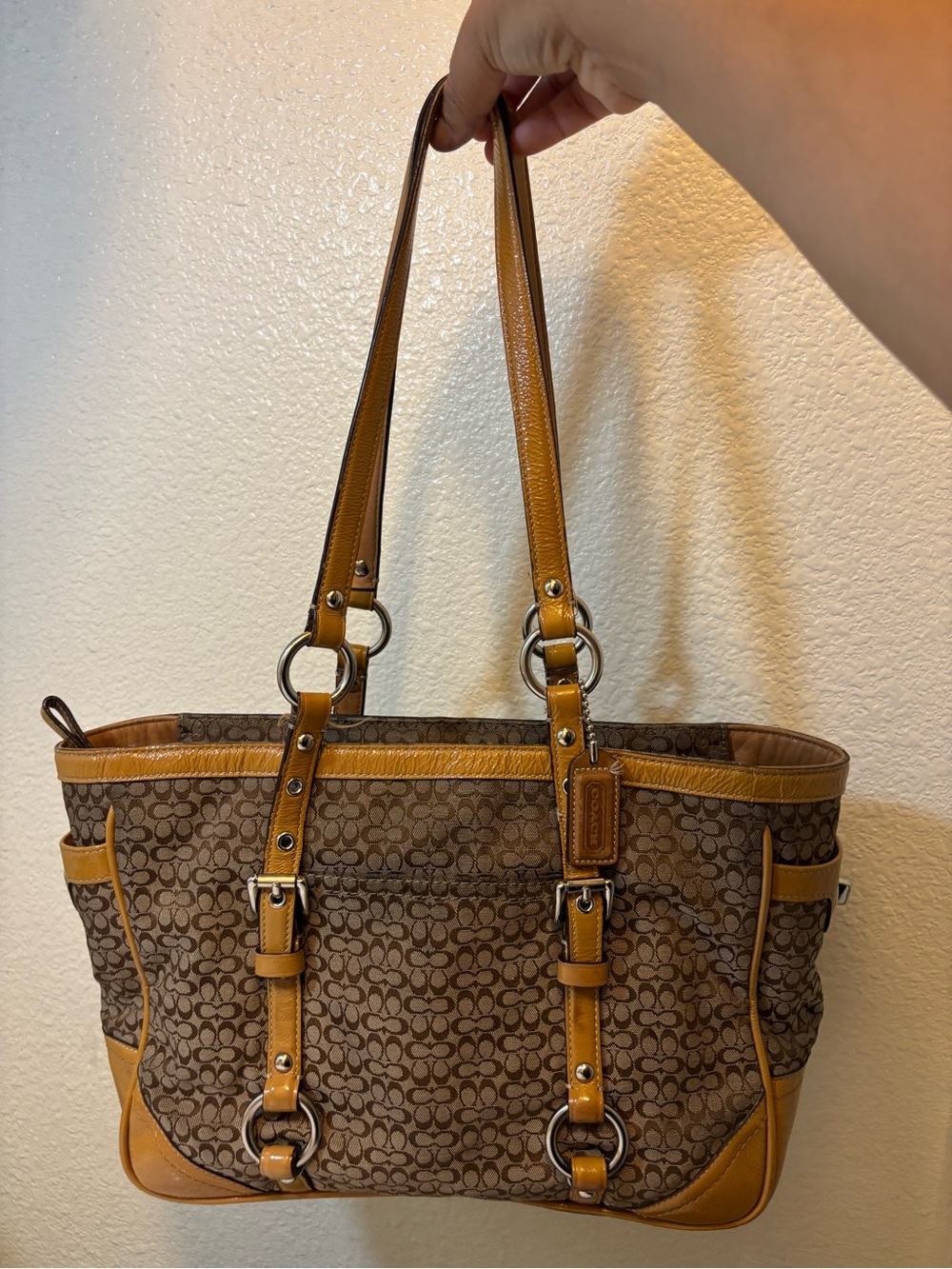 Coach Brown Signature Canvas Shoulder Bag with Tan Leather Trim